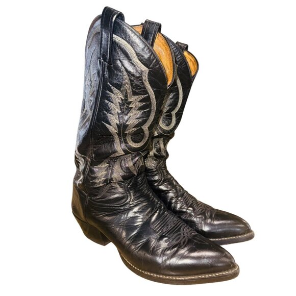 Vintage Tony Lama Polished Black Leather Western Cowboy Boots Mens Size 9.5 B - Picture 1 of 10
